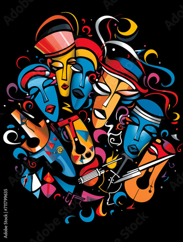 T-shirt design  a highly stylized jazz band in full swing  captured in the vibrant created with Generative Ai