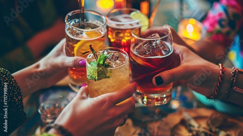Friends clinking elegant drinks - Youth enjoying themselves with alcohol at happy hour - Social gathering with vibrant filter - Emphasis on bottom Cuba Libre beverage.