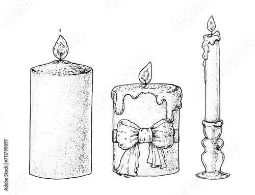 Christmas candles. Christmas and New Year holiday. Hand drawn sketch, vector illustration. Greeting card. Christmas decoration. Christmas candles