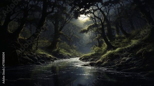 A river winding through a forest, bathed in moonlight, portraying a tranquil and reflective nighttime riverine scene - Generative AI © Everything is here