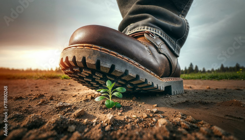 Close-up of heavy boot paused just before stepping on fragile young plant sprouting through soil, symbolizing environmental protection and sustainability. photo
