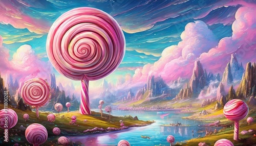 a digital painting of pink candy land with giant lollipops photo