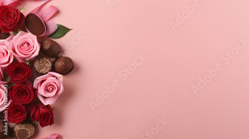 Happy valentines, 3D wallpaper decorated with elegant red roses with light pink, red, and white hearts with some gifts and balloons, copy space © Fahad
