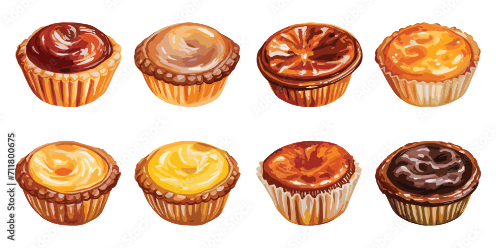 Traditional Portuguese egg tart dessert, Pastel de Nata or Pastel de Belém, Custard tart, menu, top view, vector illustration isolated on white background Traditional Portuguese egg tart dessert, Pastel de Nata or Pastel de Belém, Custard tart, menu, top view, vector illustration isolated on white background