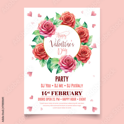 Vector illustration Watercolor Happy Valentine's day party celebration poster template | Valentine Birthday Invitation | with Rose flower , red heart and golden frame .