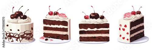 Set of black forest cake decorated with whipped cream and cherries, cafe menu, vector illustration isolated on white background
