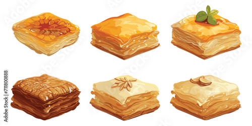 Set of Turkish pistachio baklava dessert bakery, almond baklava dessert, cafe menu, vector illustration isolated on white background