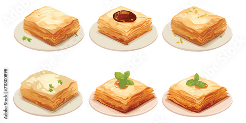 Set of Turkish pistachio baklava dessert bakery on plate, almond baklava dessert, cafe menu, vector illustration isolated on white background