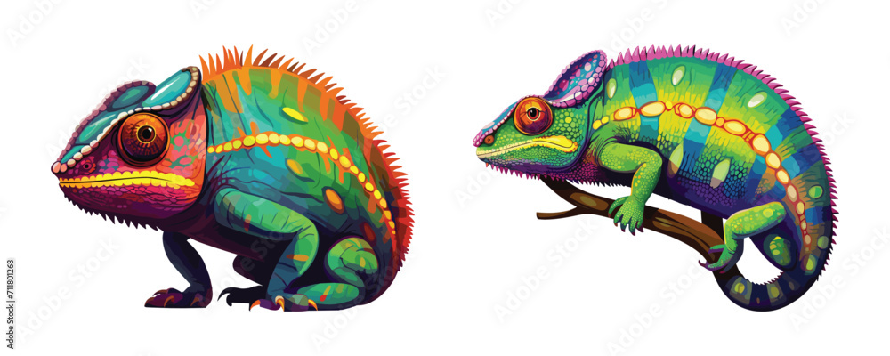 Obraz premium Vibrant Chameleon Duo isolated on white background: A pair of brightly colored chameleons, showcasing their intricate scales and captivating gaze in a digital illustration. 