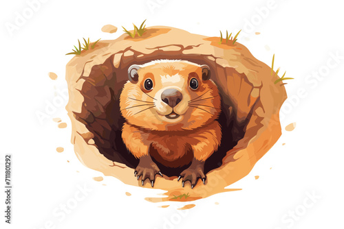 Curious Groundhog Peeking Out: A delightful illustration of a groundhog peering out of its burrow, isolated on white background