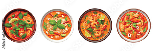 Set of red spicy lemongrass soup, tom yup soup, restaurant menu, top view, vector illustration isolated on white background