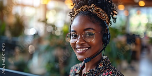Headshot of cheerful African American customer service representative using headphones to answer calls in office. Senior black telesales operator working in call center  photo