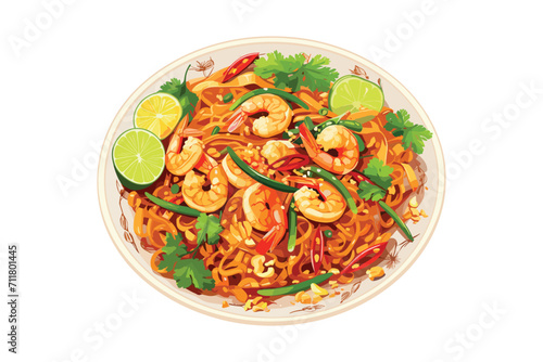 Sizzling Shrimp Pad Thai Temptation: A vibrant bowl of Pad Thai bursts with flavor, featuring succulent shrimp, colorful vegetables, and aromatic spices - a feast for the senses. 