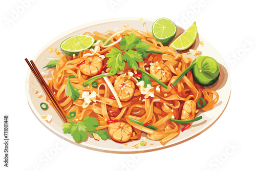 Sizzling Pad Thai Delight: A vibrant illustration of Thailand's beloved Pad Thai, complete with succulent shrimp, crisp vegetables, and tangy lime wedges.