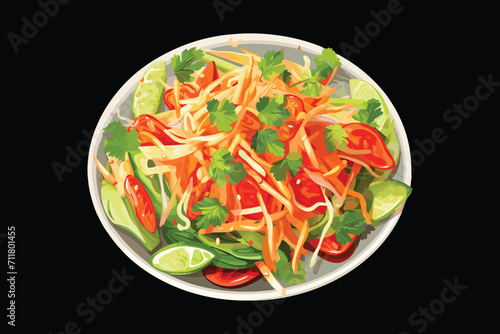 Som Tum, Thai Spicy green papaya salad, Asian food style, menu, top view, vector illustration isolated on black background