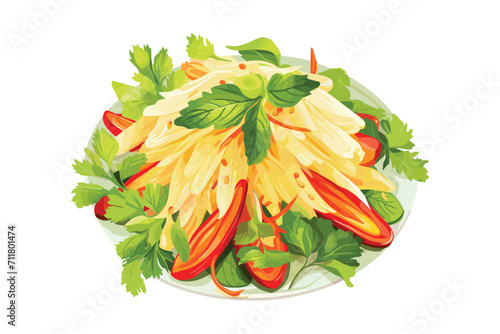 Som Tum, Thai Spicy green papaya salad, Asian food style, menu, top view, vector illustration isolated on white background