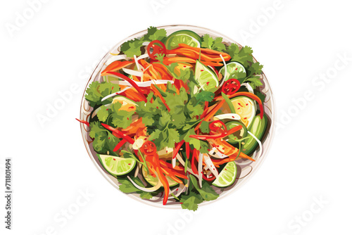 Som Tum, Thai Spicy green papaya salad, Asian food style, menu, top view, vector illustration isolated on white background