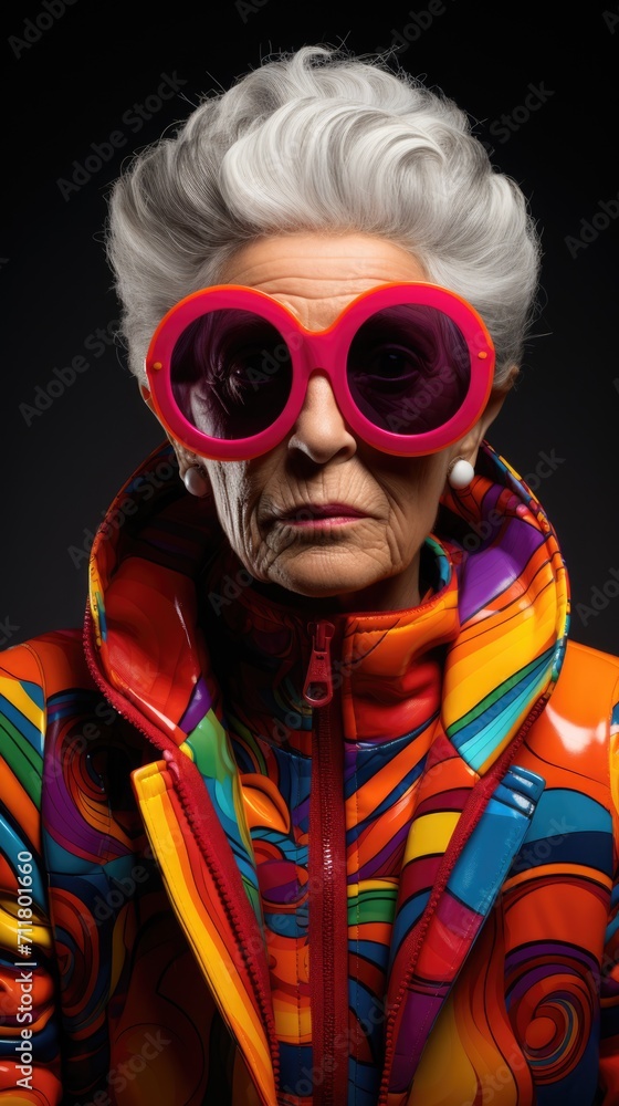 a elderly Woman model in colorful glasses in the style of pop art influence a elderly Woman model in colorful glasses in the style of pop art influence