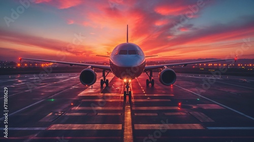 Commercial airplane on the runway at sunset with vivid red and purple sky, runway lights reflecting on the tarmac, preparing for takeoff or just landed