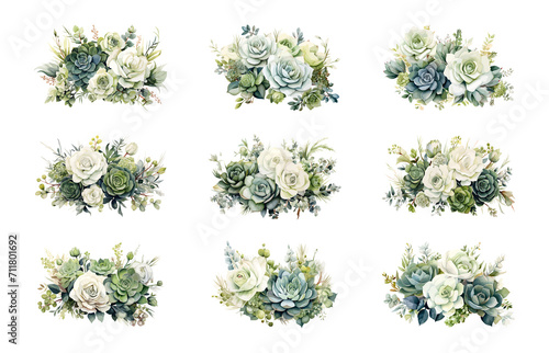 Floral compositions of succulents, flowers and green branches. Watercolor boutonnieres of succulents for wedding, baby shower invitations, greeting cards, covers