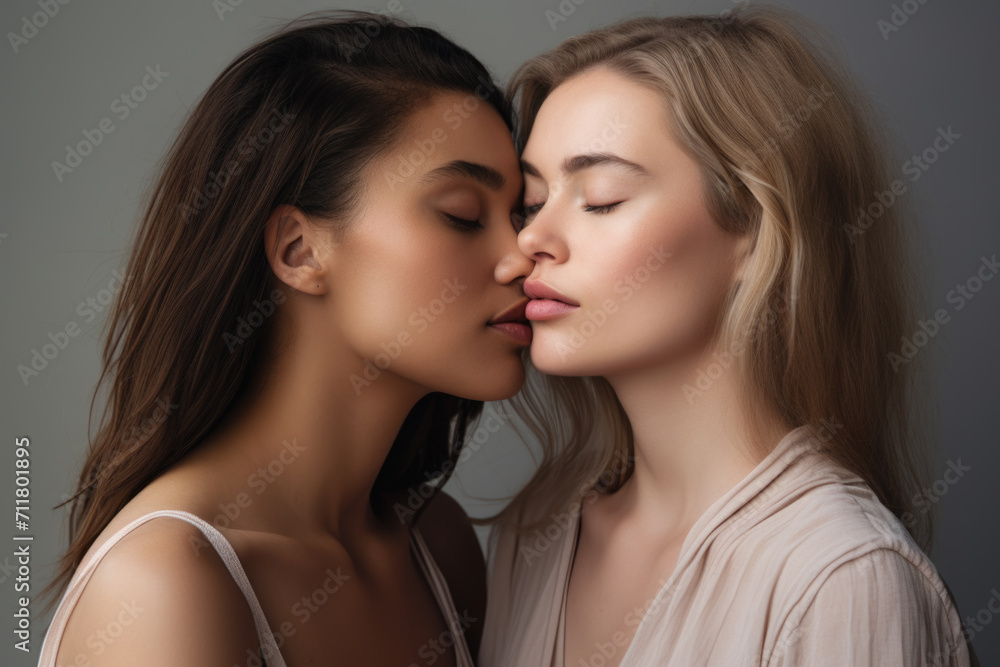Two women embracing with closed eyes.