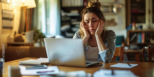 Overburdened female professional working remotely on computer appears stressed and exhausted.