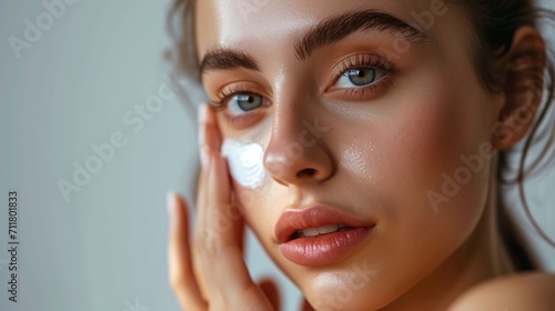 Facial care. Lotion application. Beautiful close-up photo of youthful lady with a radiant complexion using a beauty product.