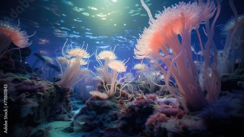 A group of sea anemons in an aquarium. Generative AI. © Natalia