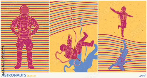 Astronaut in space. Cosmonaut in spacesuit. Sci fi retro poster set