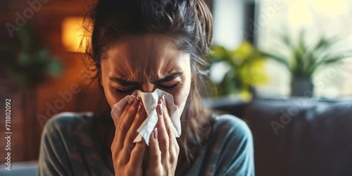 Female with nasal tissue and sneezing due to allergies, cold, or flu in living area with hay fever, sinus inflammation, and viral illness potential or health emergency causing blockage.