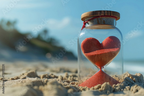 An hourglass in a jar on the beach with red sand in the shape of a heart.
