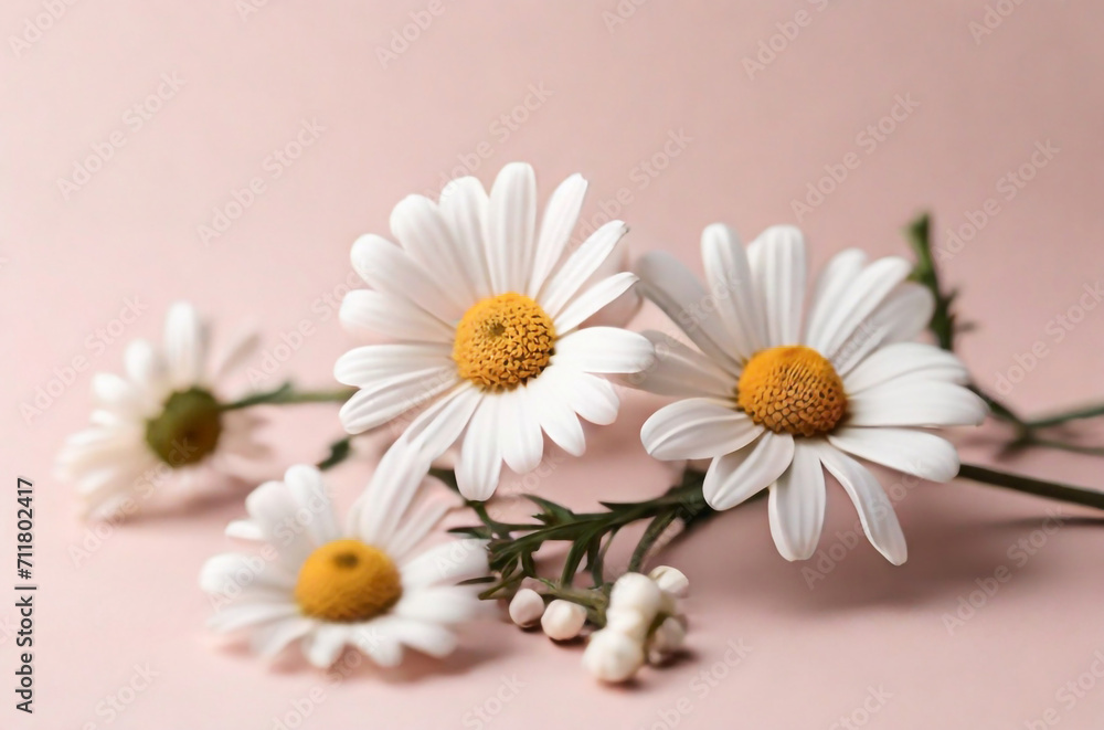 minimal style concept, white daisy chamomile flowers on a pale pink background minimal style concept, white daisy chamomile flowers on a pale pink background
