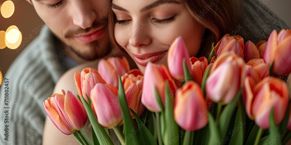 A vertical photo collage of a romantic couple hiding behind a bouquet of tulips, showcasing their everlasting love and affection, perfect for an anniversary, against a white background. A vertical photo collage of a romantic couple hiding behind a bouquet of tulips, showcasing their everlasting love and affection, perfect for an anniversary, against a white background.