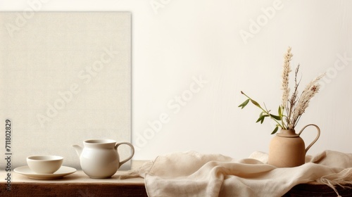 neutral lifestyle scene with a cup of coffee, ceramics tea pot,