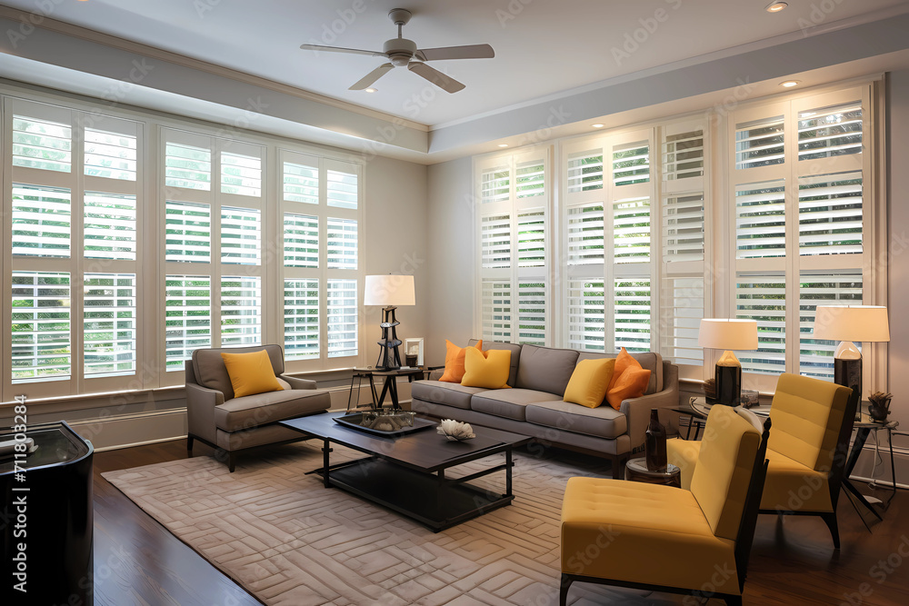 Plantation shutters, classic and versatile window treatments, feature adjustable louvers mounted on a solid frame, providing an elegant and functional solution that allows for precise control of light - obrazy, fototapety, plakaty 
