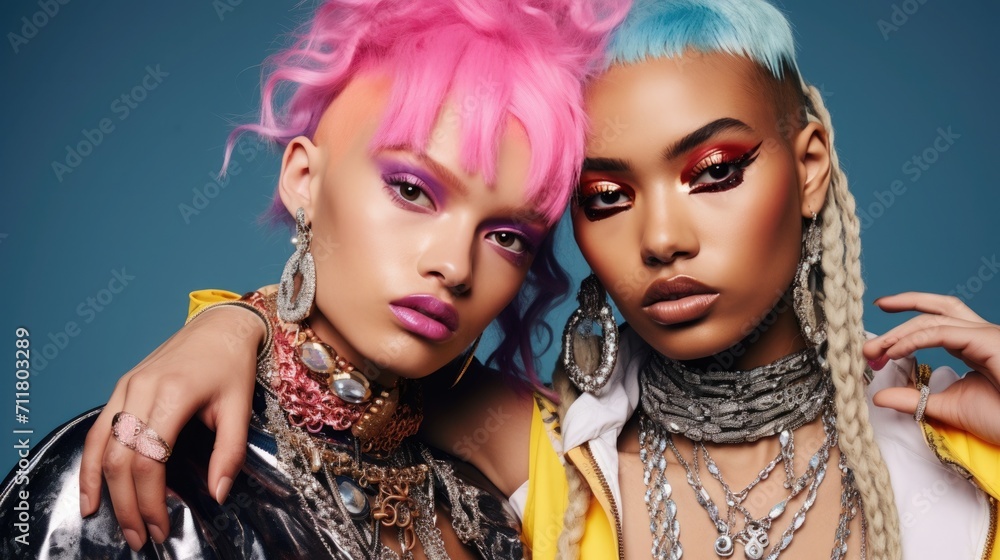 Naklejka premium Fashion photo shoot of generation Z. girls with bright, colorful hair, makeup and jewelry. individuality and style.