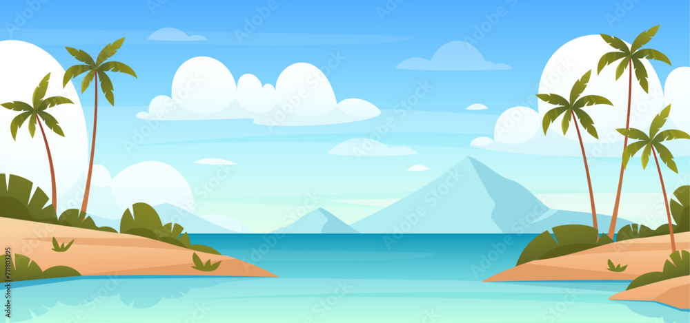 Ocean coastline. Vector illustration of summer beach, tropical ocean coastline with mountains, palm trees, island. Marine horizon landscape background. Seascape view. Summer holidays. Vacation place