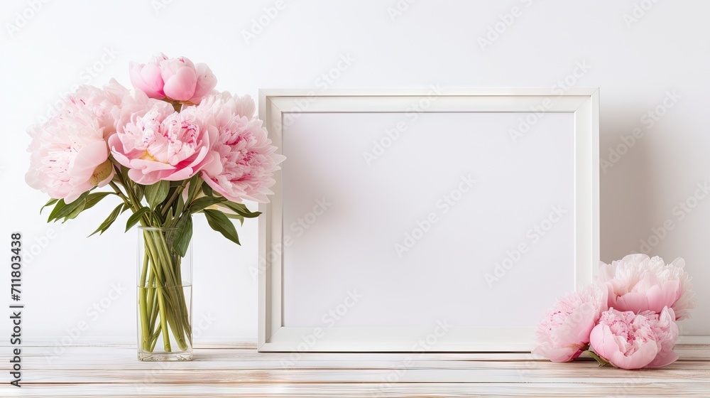 floral elegance. Frame a still life scene with pink peonies flowers in a glass vase on a wooden table, complemented by a white horizontal picture frame mockup. floral elegance. Frame a still life scene with pink peonies flowers in a glass vase on a wooden table, complemented by a white horizontal picture frame mockup.