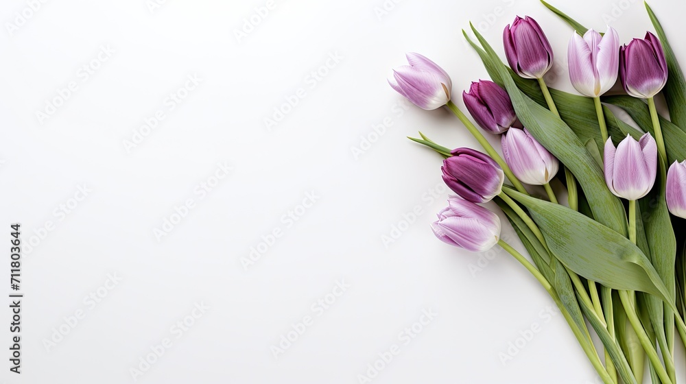 essence of spring. a bouquet of white and violet tulip flowers on a white table background.