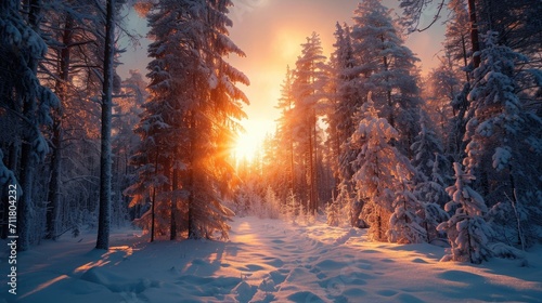 Frozen Wilderness, Wide Shot of a Snow-Covered Forest, Sun Peeking Through Icy Trees, Silence and Stillness of Nature in Extreme Cold.