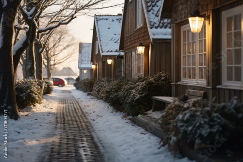 A charming winter street with cozy rowhouses covered in snow. Generative AI.