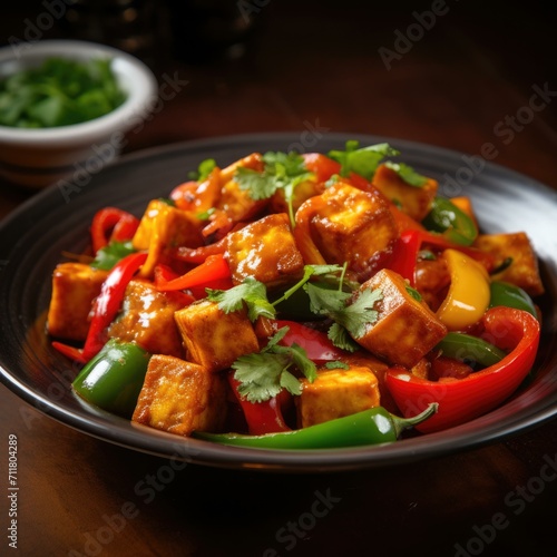 A delicious plate of tofu and peppers, a perfect combination of flavors and textures. Generative AI.