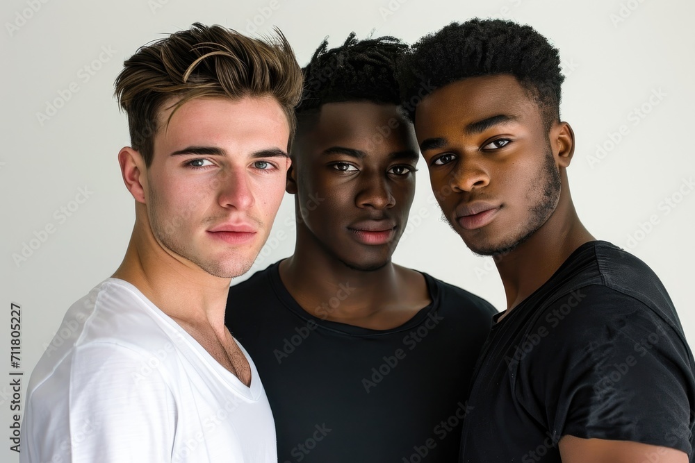 Three diverse men standing together on white background Three diverse men standing together on white background