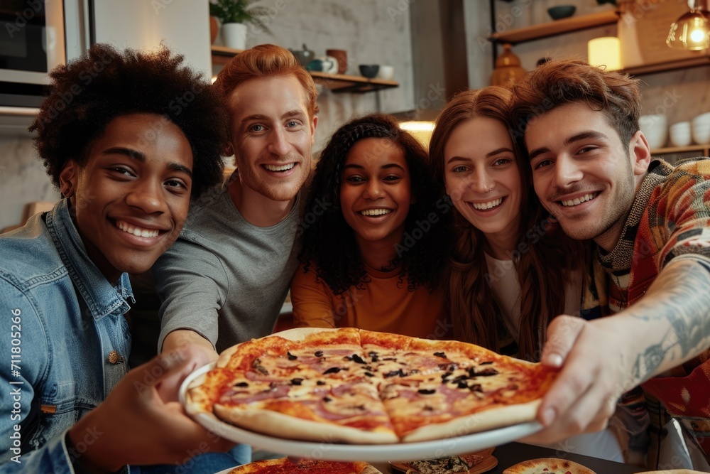 Diverse group of smiling friends having pizza party at home