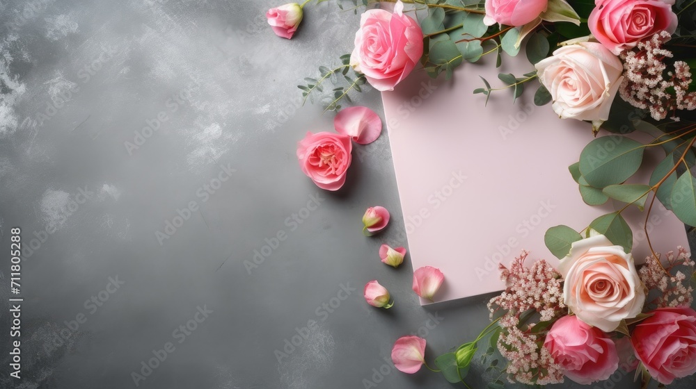 wedding or birthday layout scene featuring a blank greeting card on a concrete table background. wedding or birthday layout scene featuring a blank greeting card on a concrete table background.