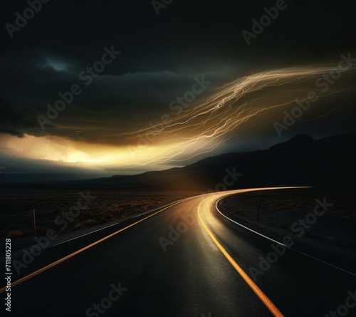 A long road with lightning streaks in the sky. Generative AI.