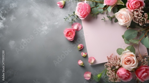 wedding or birthday layout scene featuring a blank greeting card on a concrete table background.