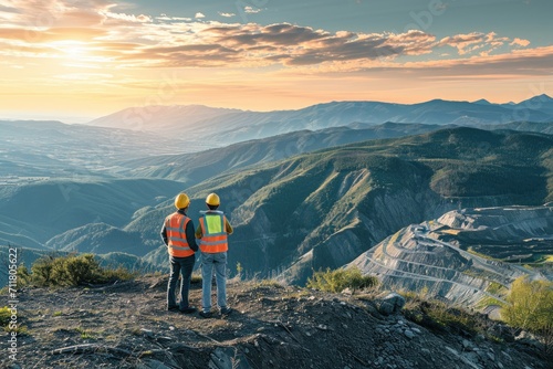 Construction workers overlooking mountain valley