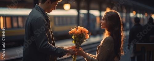 Young man giving bouquet of roses to his girlfriend at train station. © Filip