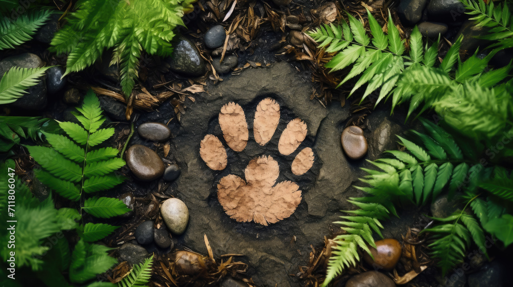 Animal paw print on the ground, exotic plant leaves, wildlife day, nature, flowers, imprint, cat footprint, forest, tropics, earth, environment, trail, path, soil Animal paw print on the ground, exotic plant leaves, wildlife day, nature, flowers, imprint, cat footprint, forest, tropics, earth, environment, trail, path, soil